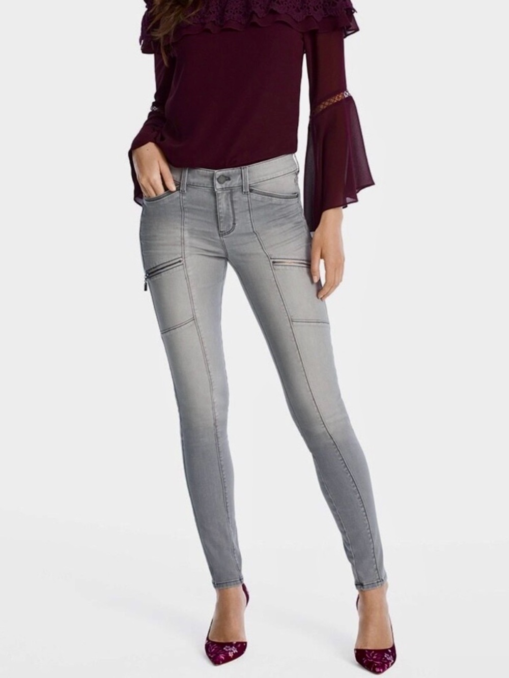 White House Black Market High-Rise Gray Skinny Jeans with Zip Pockets